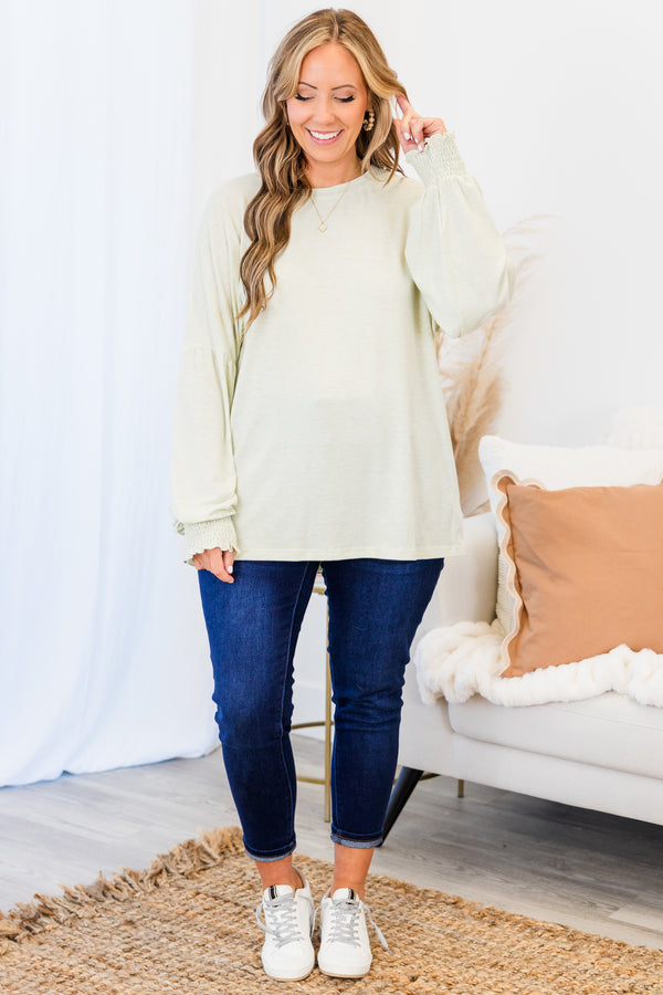 Chic Soul plus size clothing, gray long sleeve flowy top with round neckline with bubble sleeves with smocked cuff sleeve detail