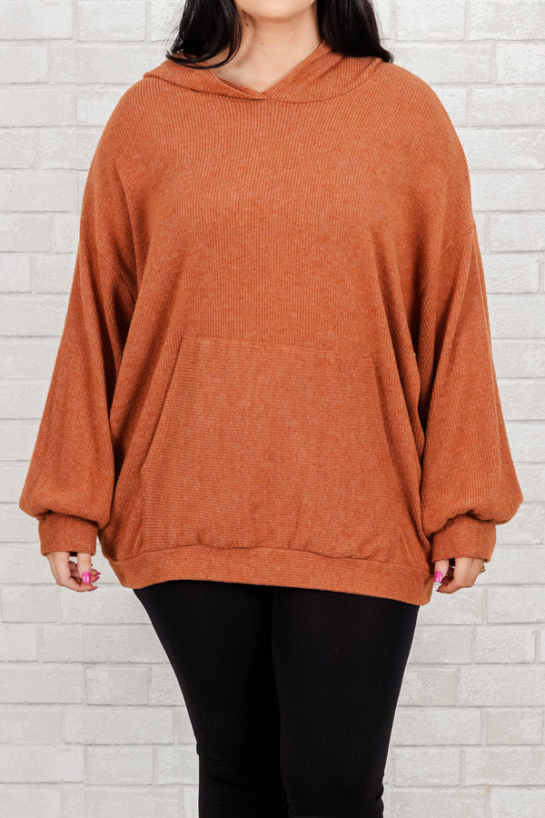 Chic Soul plus size clothing, marsala colored top with a kangroo pocket and balloon sleeves