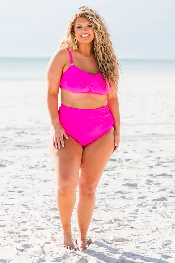 Chic Soul plus size clothing, neon pink high waisted swimsuit bottoms