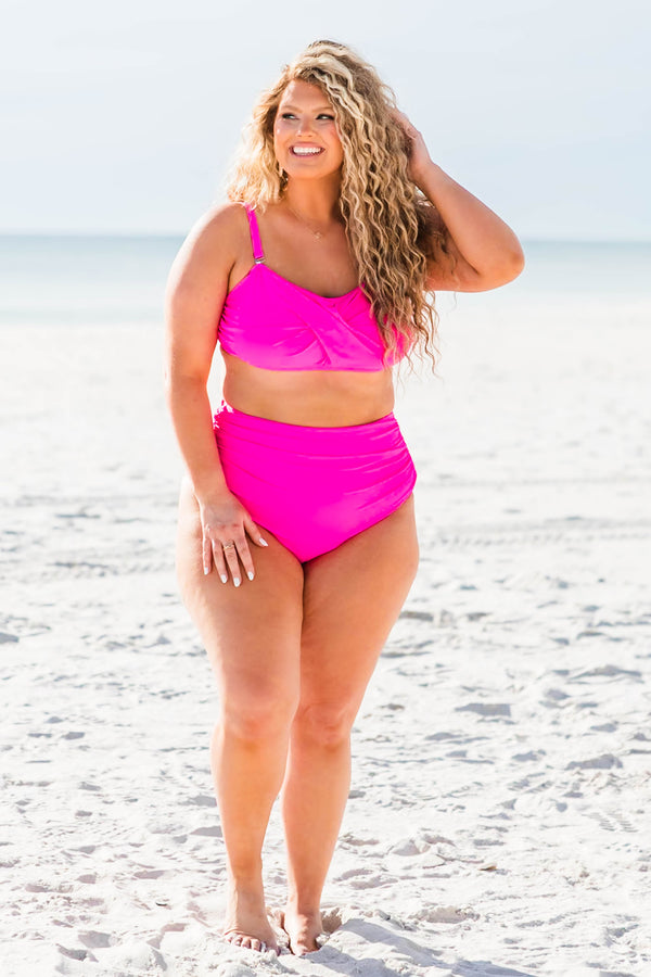 Chic Soul plus size clothing, neon pink spaghetti strap bikini top with crisscross pattern