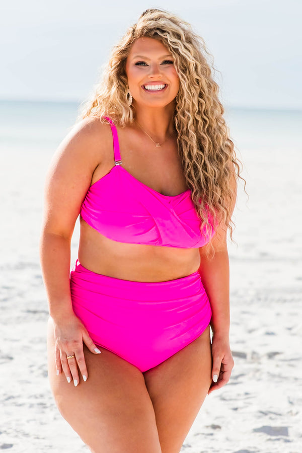Chic Soul plus size clothing, neon pink spaghetti strap bikini top with crisscross pattern