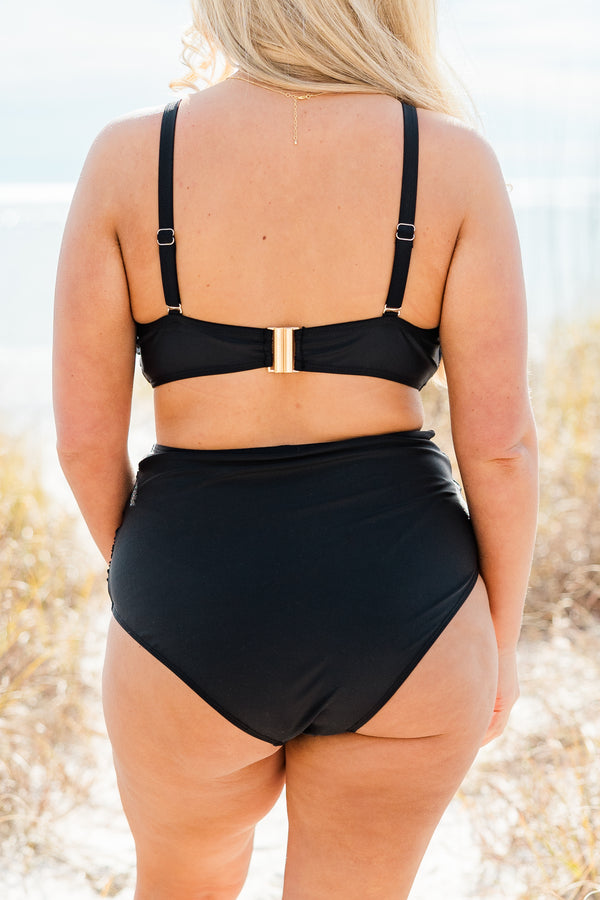 Chic Soul plus size clothing, black high waisted plain bikini swim bottoms with cinched detail on sides