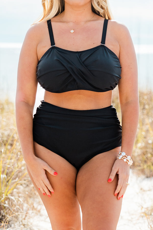 Chic Soul plus size clothing, black bandeau style top with detachable think straps with criss cross fabric detail on the front and clasp detail in the back with gold hardware