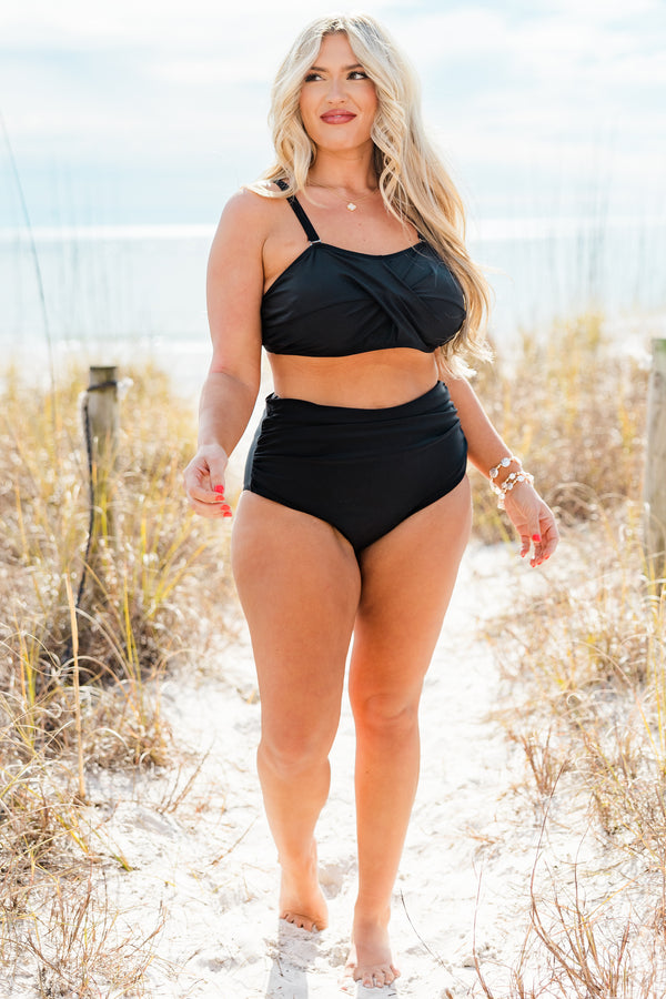 Chic Soul plus size clothing, black high waisted plain bikini swim bottoms with cinched detail on sides