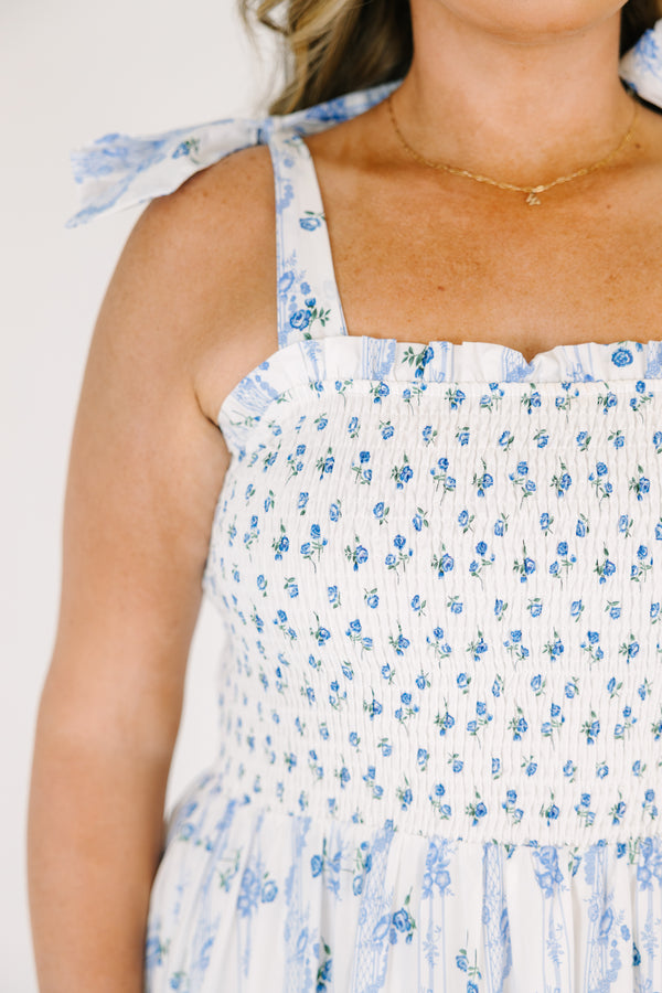 Chic Soul plus size clothing, white maxi dress with a square neckline and ruffle detailed straps with a blue floral pattern throughout 
