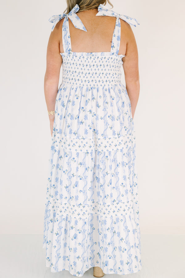 Chic Soul plus size clothing, white maxi dress with a square neckline and ruffle detailed straps with a blue floral pattern throughout 