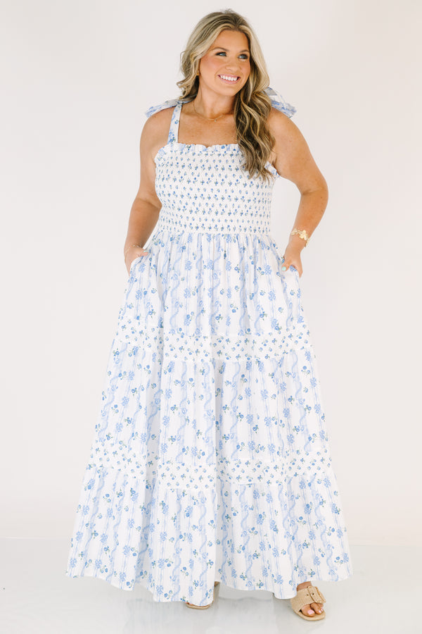 Chic Soul plus size clothing, white maxi dress with a square neckline and ruffle detailed straps with a blue floral pattern throughout 
