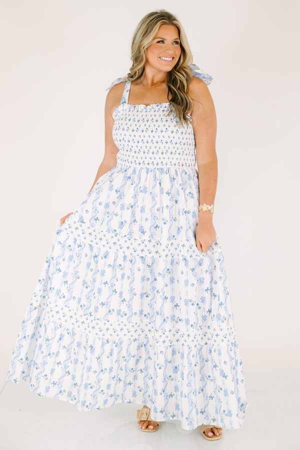 Chic Soul plus size clothing, white maxi dress with a square neckline and ruffle detailed straps with a blue floral pattern throughout 