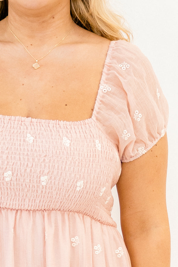 Chic Soul plus size clothing, rose tiered maxi dress with a square smocked neckline bubble sleeves and floral embroidery details throughout 