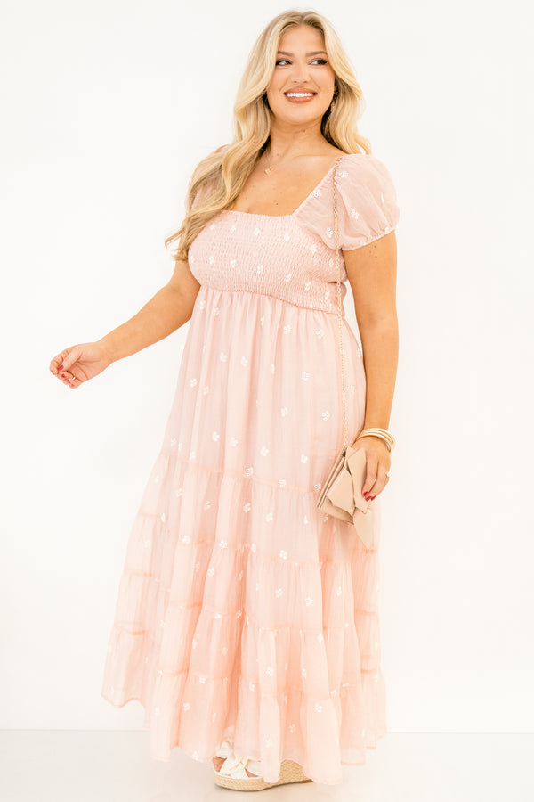 Chic Soul plus size clothing, rose tiered maxi dress with a square smocked neckline bubble sleeves and floral embroidery details throughout 