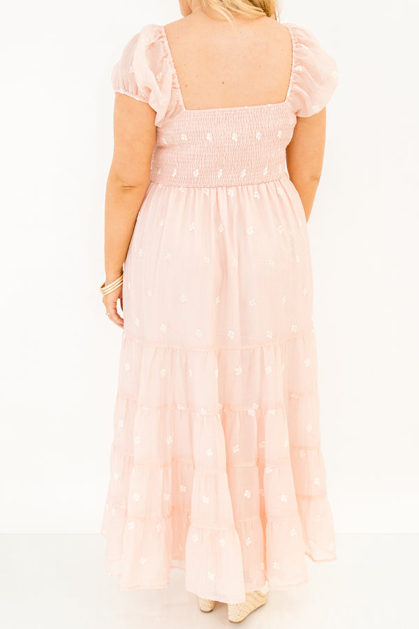 Chic Soul plus size clothing, rose tiered maxi dress with a square smocked neckline bubble sleeves and floral embroidery details throughout 