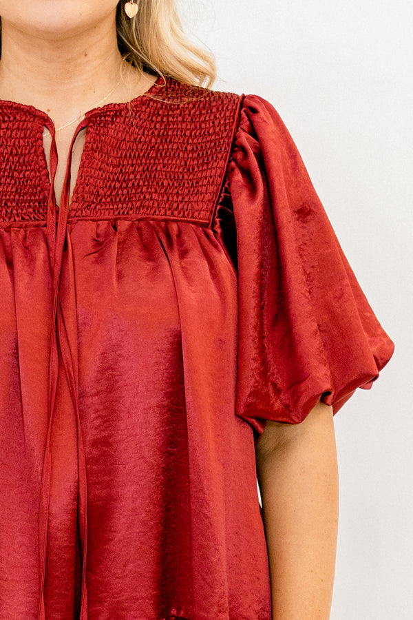 Chic Soul plus size clothing, red puff short sleeve short dress with v-neckline and tie at the top and smocked chest