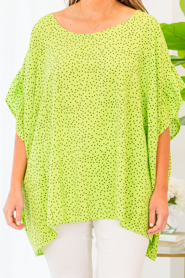 Chic Soul plus size clothing, short-sleeve lime green flowy top with black polka dotted pattern 