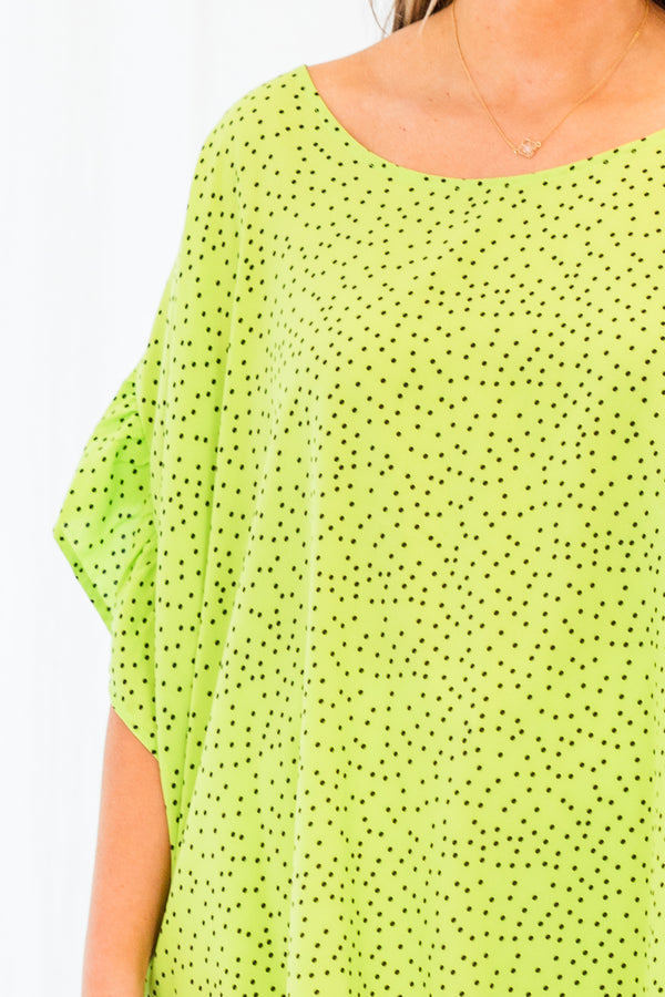 Chic Soul plus size clothing, short-sleeve lime green flowy top with black polka dotted pattern 