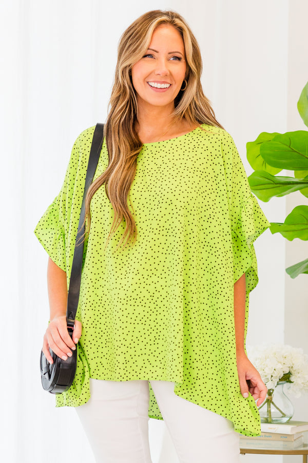 Chic Soul plus size clothing, short-sleeve lime green flowy top with black polka dotted pattern 