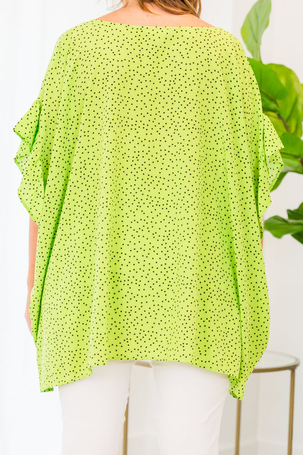 Chic Soul plus size clothing, short-sleeve lime green flowy top with black polka dotted pattern 