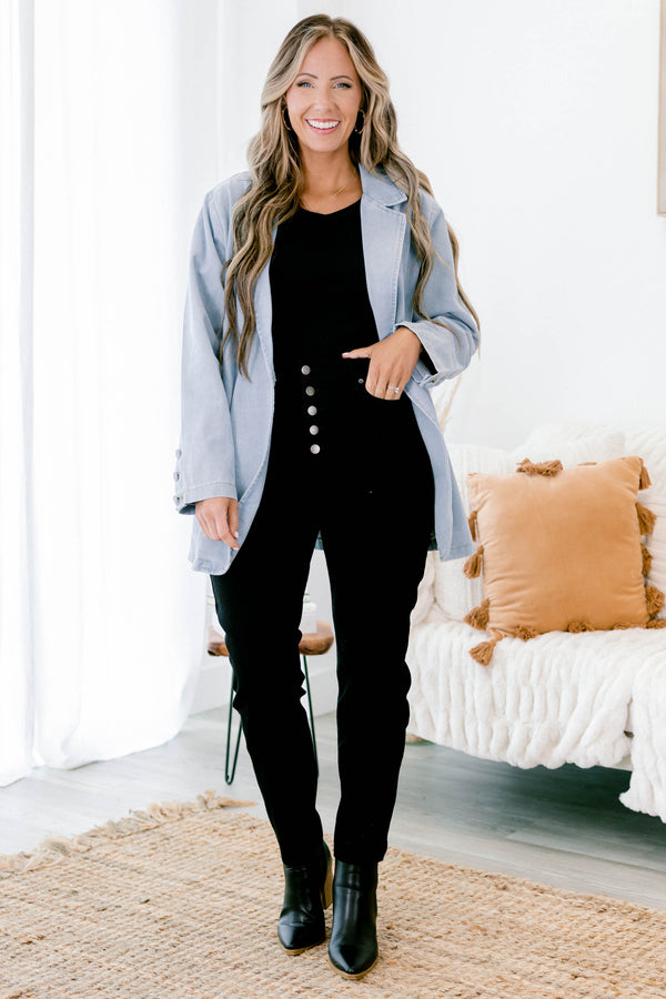 Chic Soul plus size clothing, light blue collared blazer with front pockets and buttons down the front