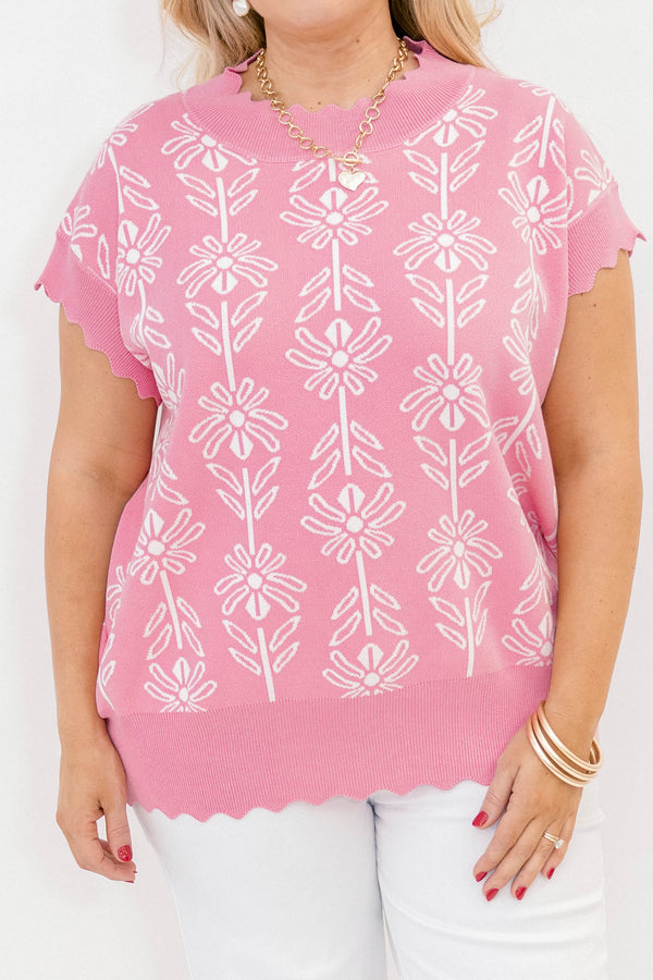 Chic Soul plus size clothing, pink short sleeve sweater with white floral print and ruffle detailing around the hem and end of the sleeves