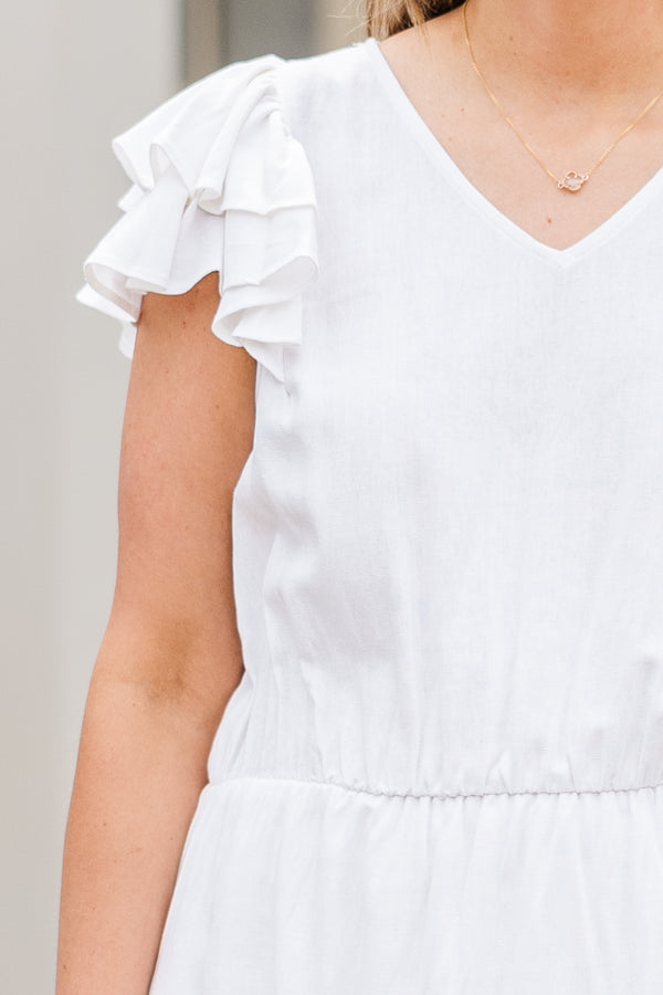 Plus Size white midi dress with flutter sleeves, a v-neckline, and an elastic waist.
