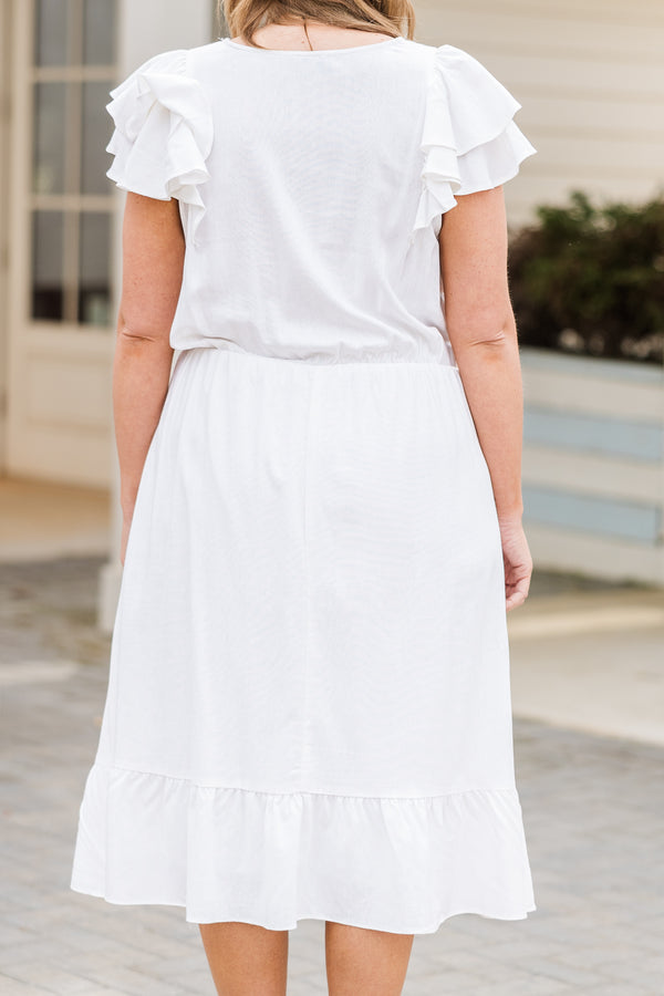 Plus Size white midi dress with flutter sleeves, a v-neckline, and an elastic waist.