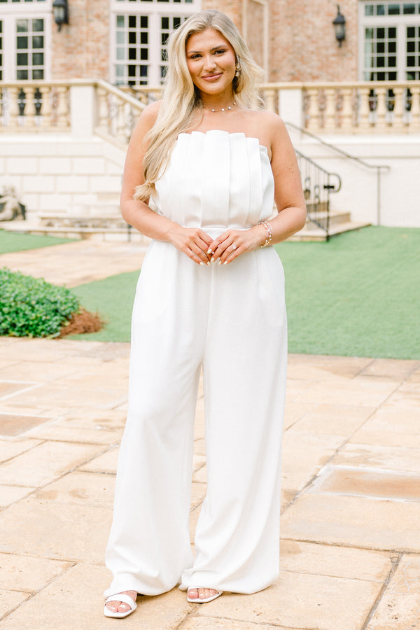 Chic Soul plus size clothing, solid white sleeveless jumpsuit with pleated top