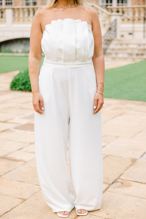 Chic Soul plus size clothing, solid white sleeveless jumpsuit with pleated top
