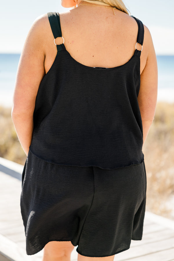 Chic Soul plus size clothing, solid black tiered romper with air flow fabric and adjustable straps
