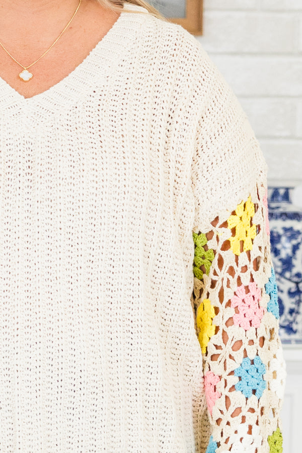 Chic Soul plus size clothing, cream knit sweater with pastel colored crochet sleeves