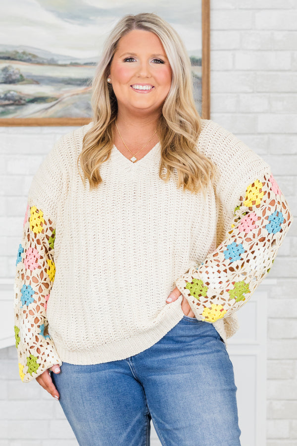 Chic Soul plus size clothing, cream knit sweater with pastel colored crochet sleeves