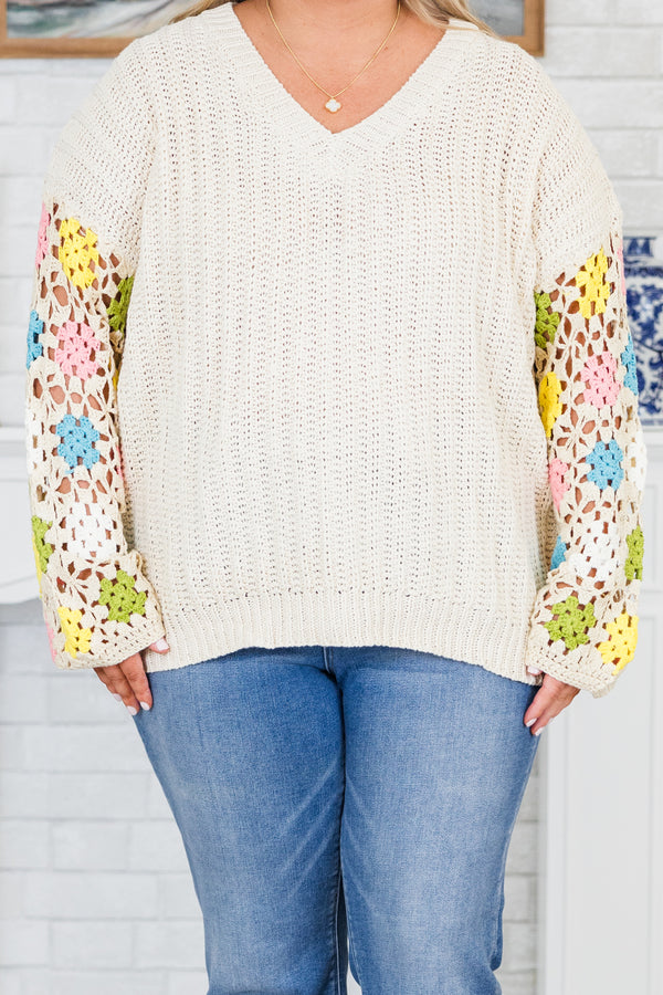 Chic Soul plus size clothing, cream knit sweater with pastel colored crochet sleeves
