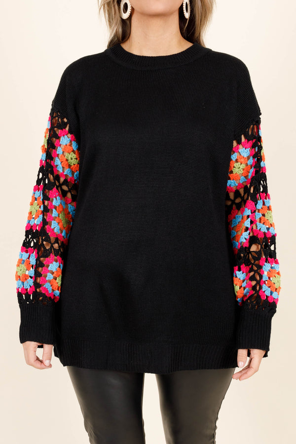 Chic Soul plus size clothing, black sweater with a multicolored knitted design on the sleeves