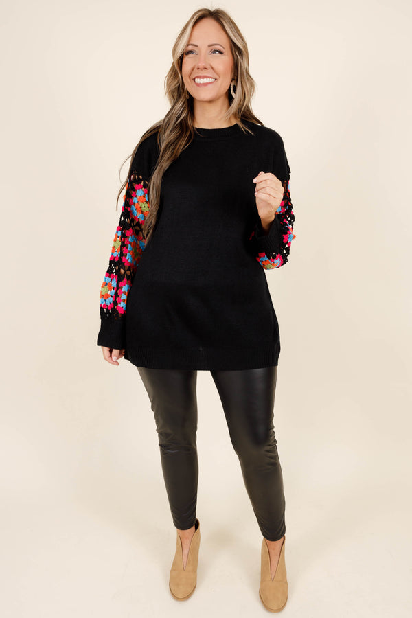 Chic Soul plus size clothing, black sweater with a multicolored knitted design on the sleeves