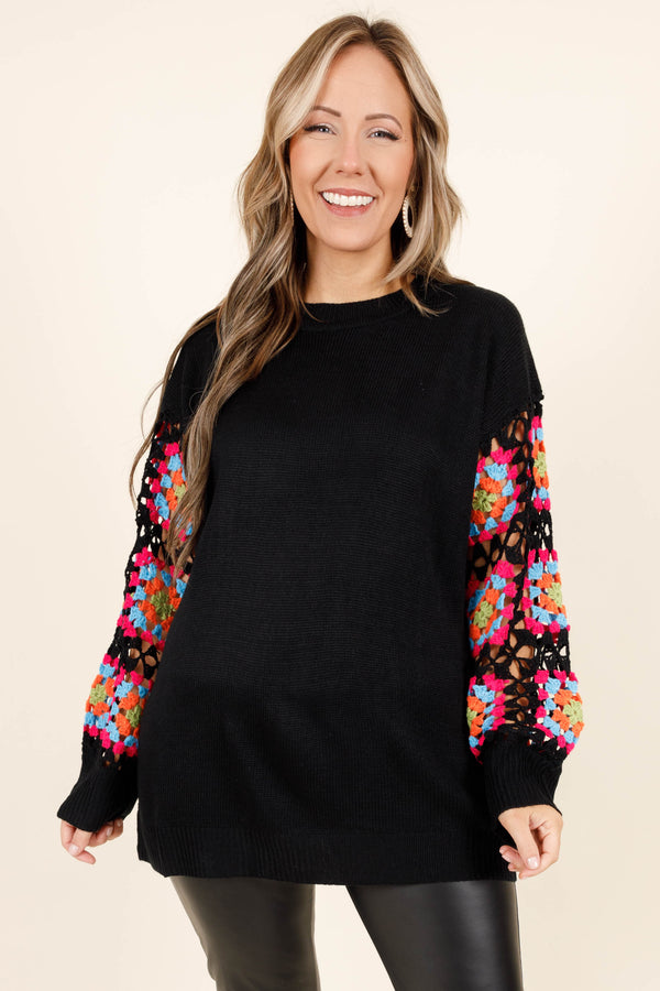 Chic Soul plus size clothing, black sweater with a multicolored knitted design on the sleeves