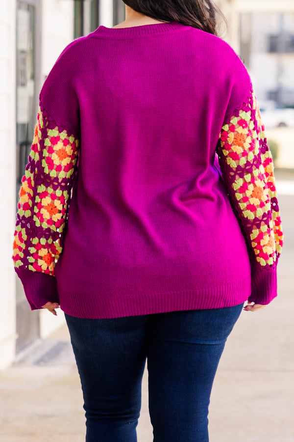 Chic Soul Plus size clothing, magenta sweater with crochet multicolor long sleeves