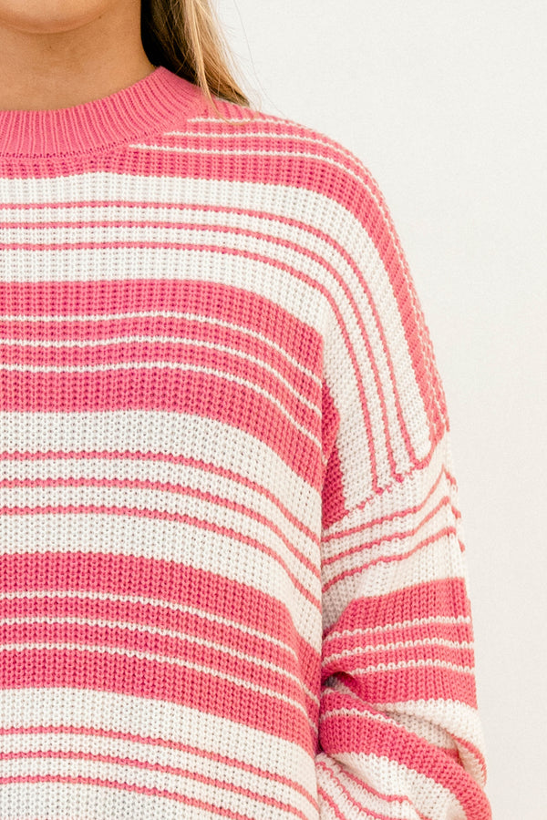 Chic Soul plus size clothing, hot pink and white horizontal striped oversized sweater with different thicknesses of stripes 