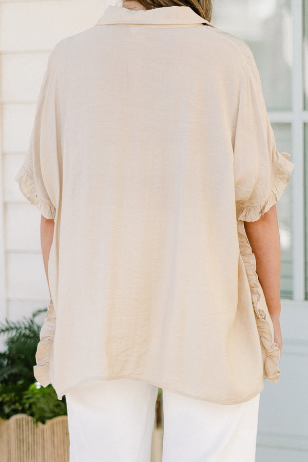 Chic Soul plus size clothing, natural beige short sleeve button down top with collar and flowy flutter sleeves