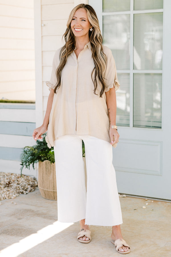Chic Soul plus size clothing, natural beige short sleeve button down top with collar and flowy flutter sleeves