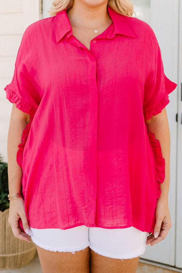 chic soul plus size clothing, solid pink short sleeve blouse with a collar and ruffle details at the end of the sleeves and the sides of the top 