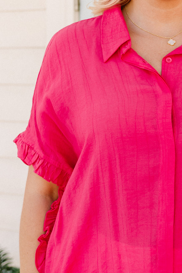 chic soul plus size clothing, solid pink short sleeve blouse with a collar and ruffle details at the end of the sleeves and the sides of the top 