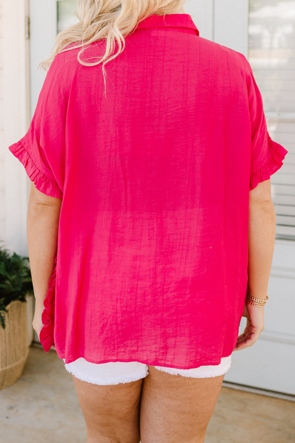 chic soul plus size clothing, solid pink short sleeve blouse with a collar and ruffle details at the end of the sleeves and the sides of the top 