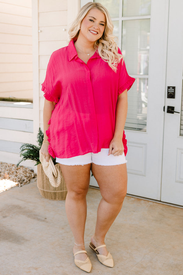 chic soul plus size clothing, solid pink short sleeve blouse with a collar and ruffle details at the end of the sleeves and the sides of the top 