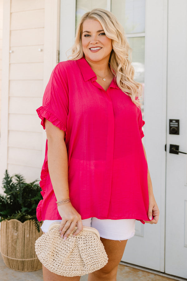 chic soul plus size clothing, solid pink short sleeve blouse with a collar and ruffle details at the end of the sleeves and the sides of the top 