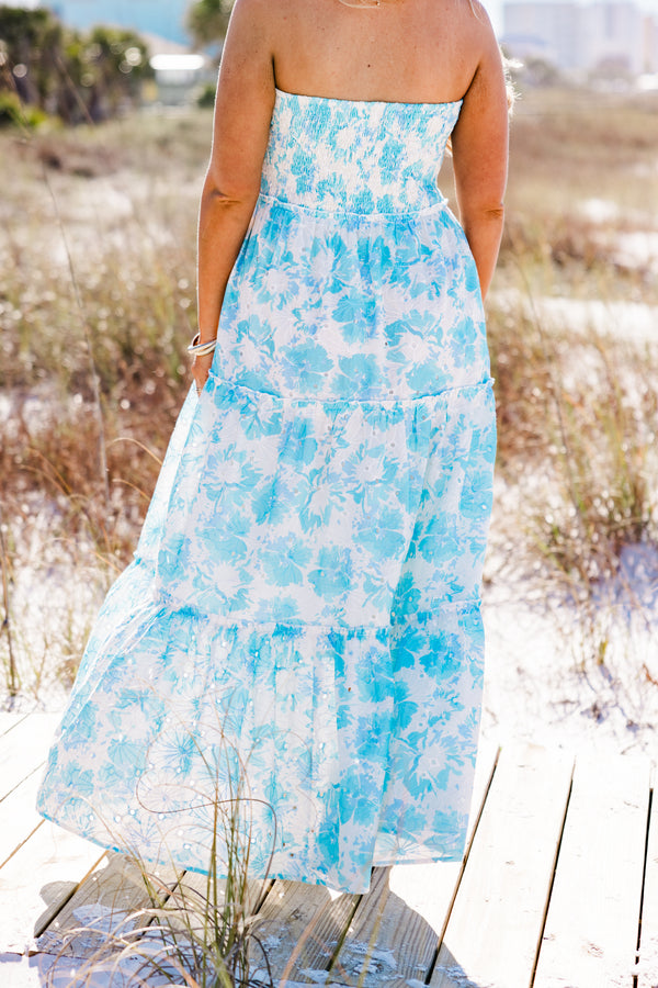 Chic Soul plus size clothing, strapless ruffled tiered white maxi dress with a bright light blue floral pattern with a smocked bodice 