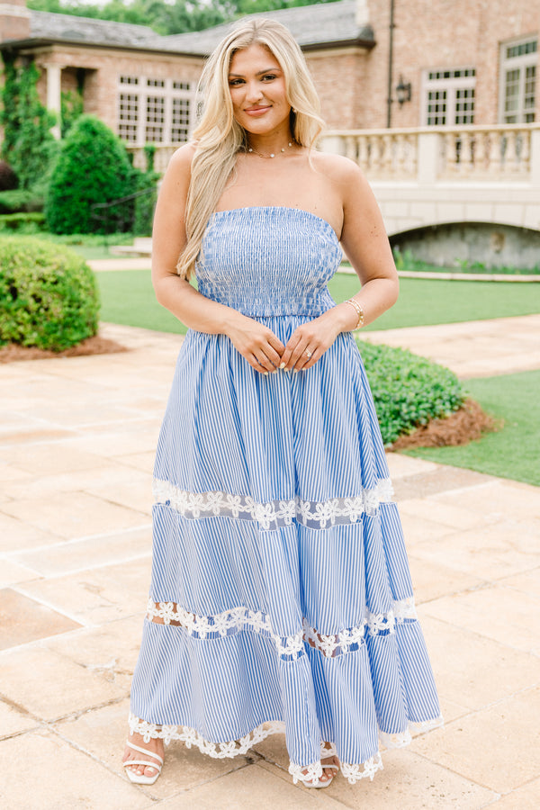 Chic Soul plus size clothing, strapless blue striped tiered maxi dress with lace detailing at the end of each tier 