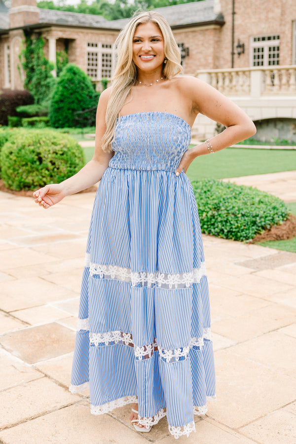 Chic Soul plus size clothing, strapless blue striped tiered maxi dress with lace detailing at the end of each tier 
