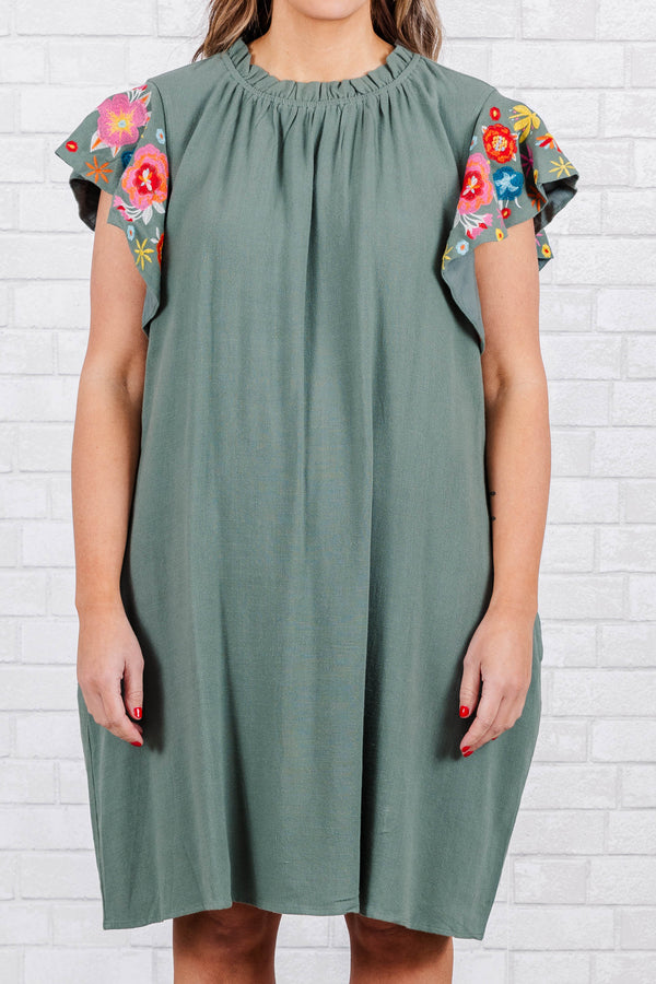 Chic Soul plus size clothing, sage mini dress with pockets and ruffle sleeves with floral design on sleeves