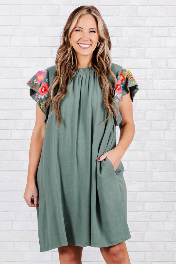 Chic Soul plus size clothing, sage mini dress with pockets and ruffle sleeves with floral design on sleeves