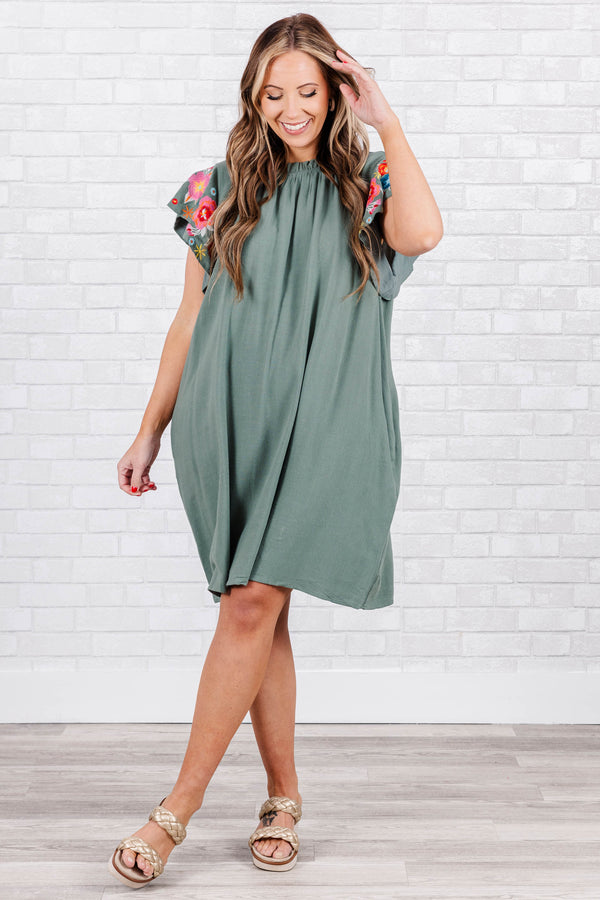 Chic Soul plus size clothing, sage mini dress with pockets and ruffle sleeves with floral design on sleeves