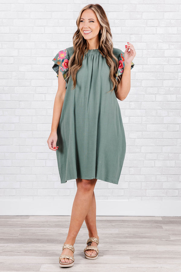 Chic Soul plus size clothing, sage mini dress with pockets and ruffle sleeves with floral design on sleeves