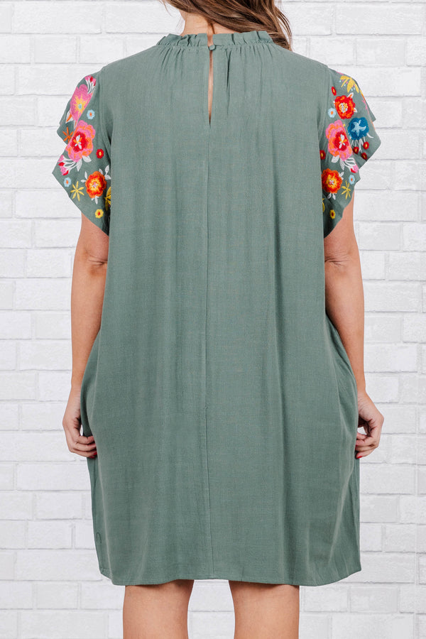 Chic Soul plus size clothing, sage mini dress with pockets and ruffle sleeves with floral design on sleeves